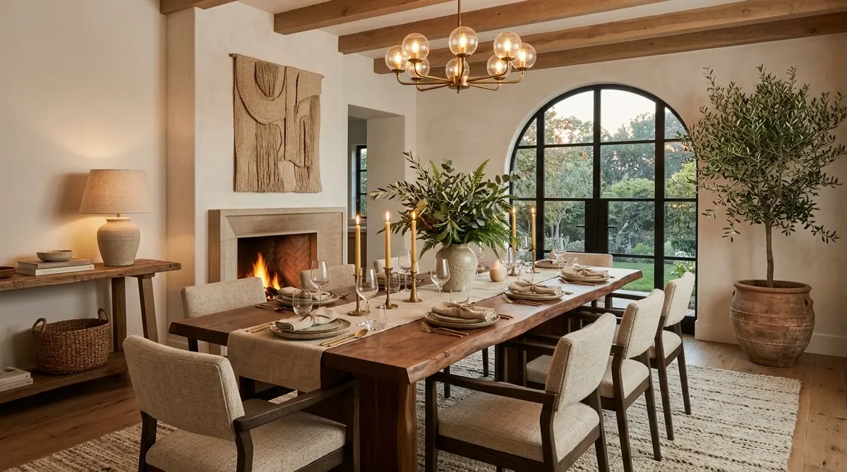 Elegant dining room lit warmly for dinners that feel intimate and special.