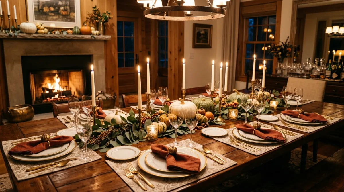 Elegant Thanksgiving table with gold-rimmed plates, pumpkins, eucalyptus garland, and candlelight.
