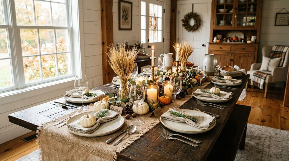 Rustic Thanksgiving table with burlap runner, ceramic plates, white pumpkins, and wheat.