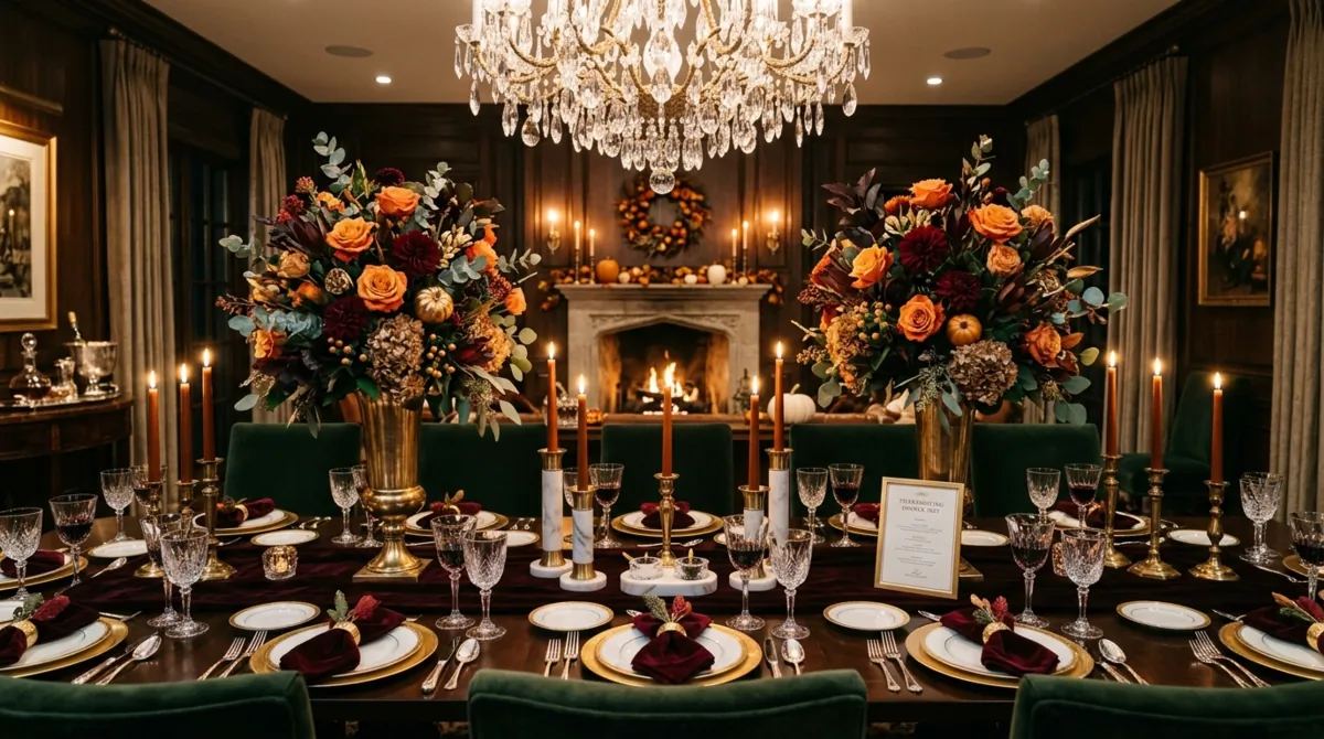 Luxury Thanksgiving table with crystal glassware, velvet napkins, marble accents, and autumn florals.