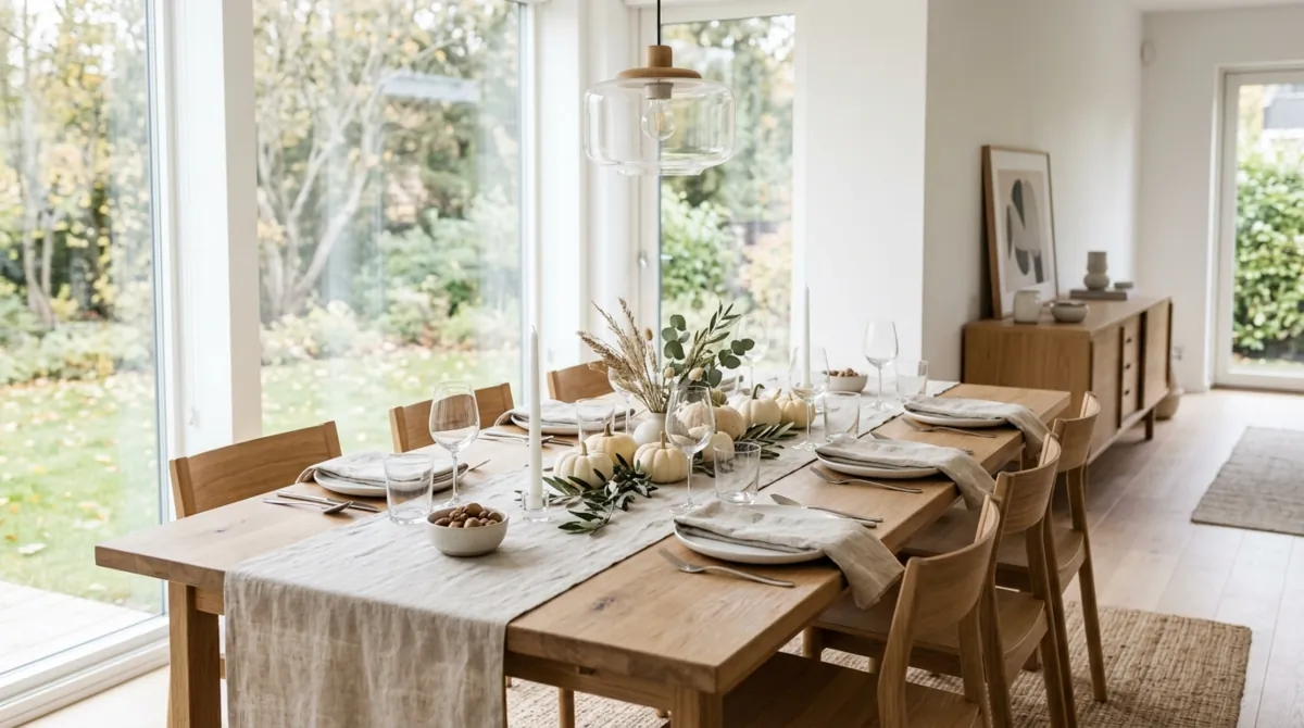 Modern minimalist Thanksgiving table with neutral linens, white plates, and subtle pumpkins.