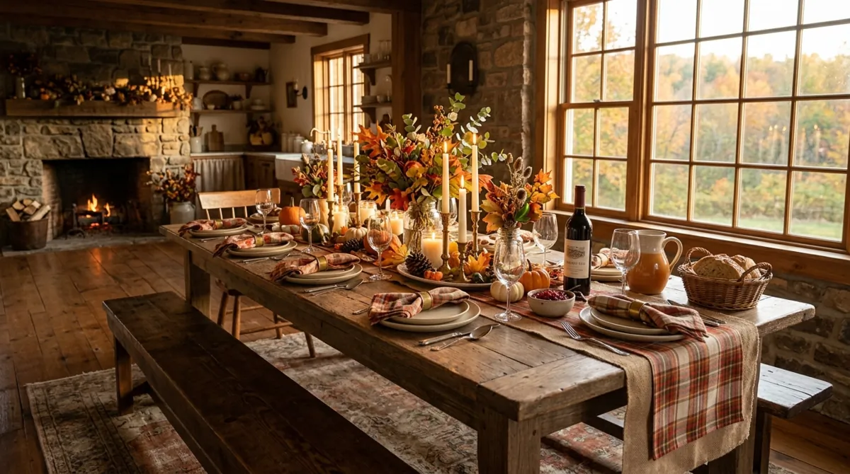 Farmhouse Thanksgiving table with bench seating, plaid textiles, candles, and foliage.
