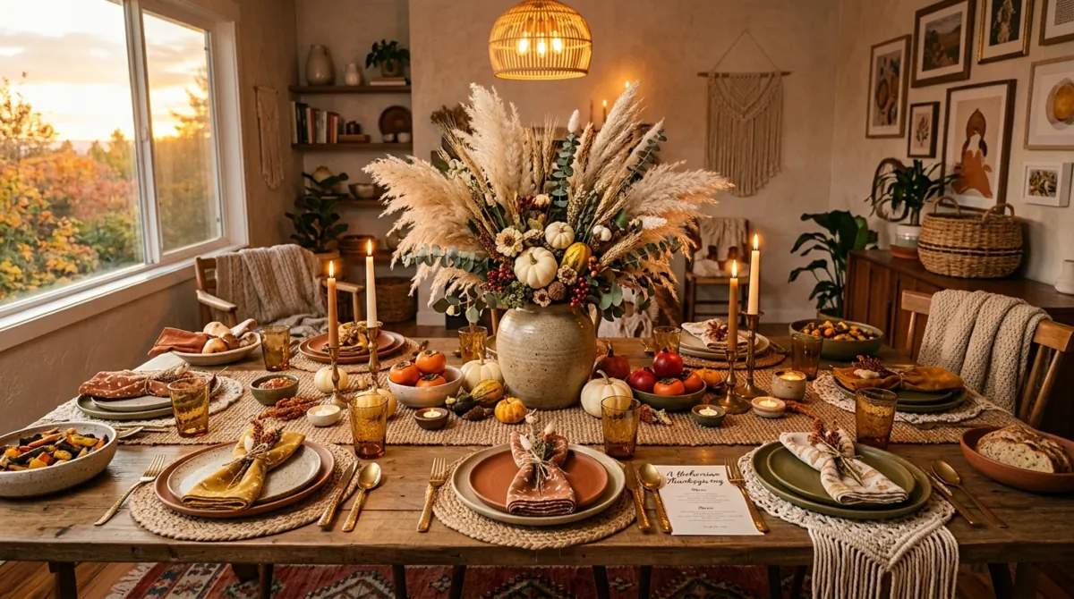 Bohemian Thanksgiving table with woven placemats, ceramics, pampas grass, and sunset tones.