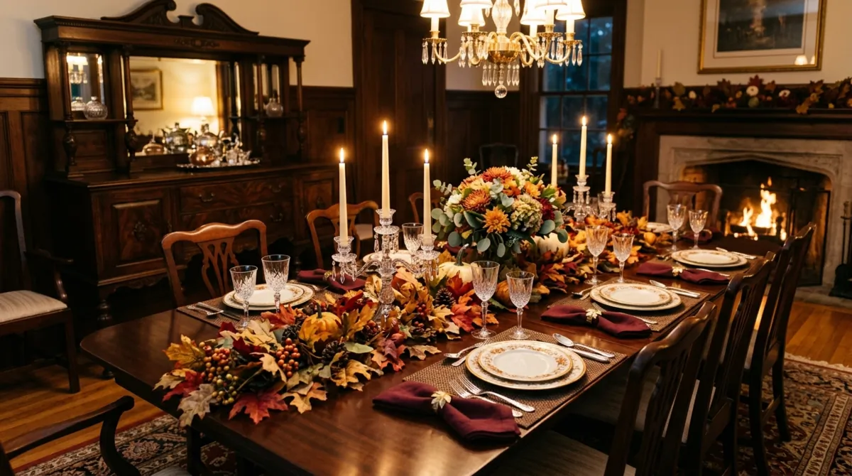 Traditional Thanksgiving dining room with china plates, crystal candlesticks, and leaf garland.