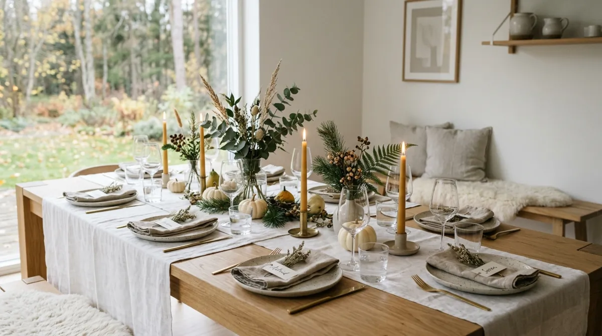 Scandinavian Thanksgiving table with light wood, white linens, greenery, and minimal decor.