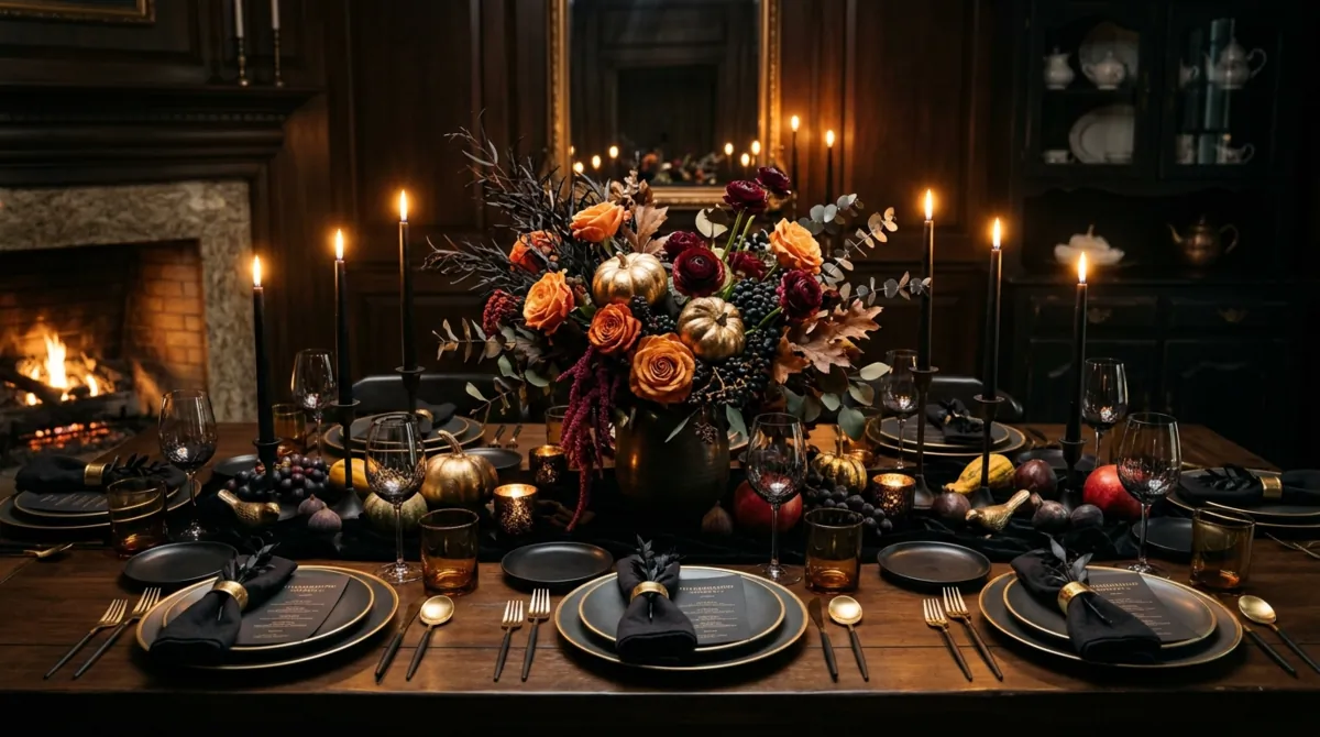 Dramatic Thanksgiving table with black candles, deep orange flowers, and velvet accents.