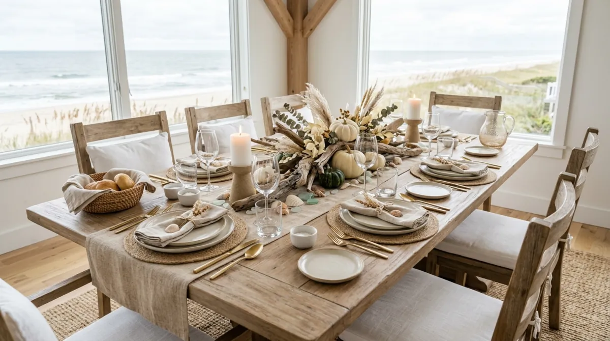 Coastal Thanksgiving table with sandy tones, driftwood centerpiece, and subtle autumn accents.