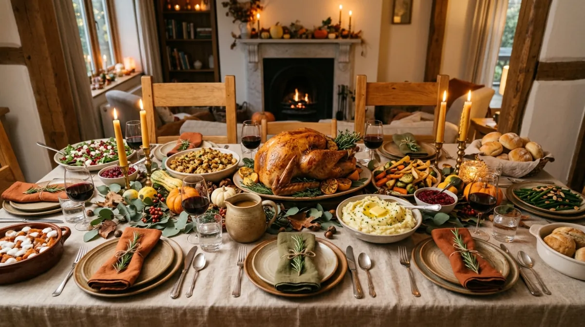 Family Thanksgiving table with layered dishes, rustic decor, fruits, vegetables, and warm light.