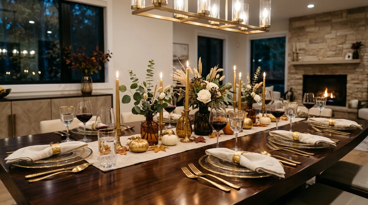Modern luxury Thanksgiving table with gold flatware, glass plates, and minimalist flowers.