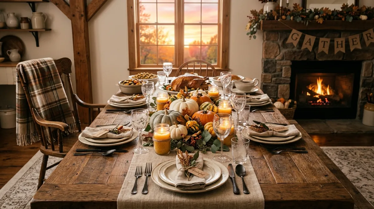 Farmhouse Thanksgiving table with reclaimed wood, mason jar candles, pumpkins, and neutral textiles.