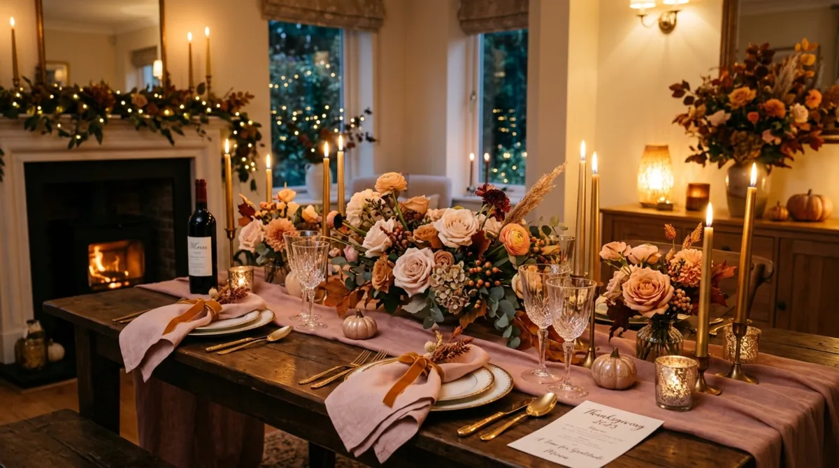 Romantic Thanksgiving table with blush and amber tones, florals, and candlelight.