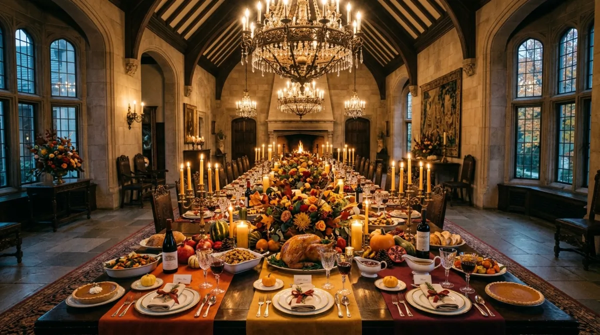Grand Thanksgiving banquet table with symmetrical layout, autumn decor, centerpieces, and chandeliers.