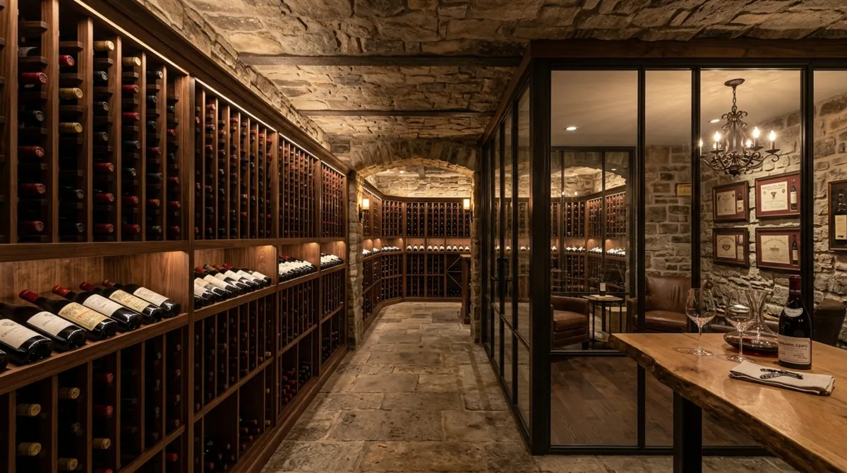 Elegant basement wine cellar with floor-to-ceiling wooden racks, glass tasting area, stone walls, and warm recessed lighting.