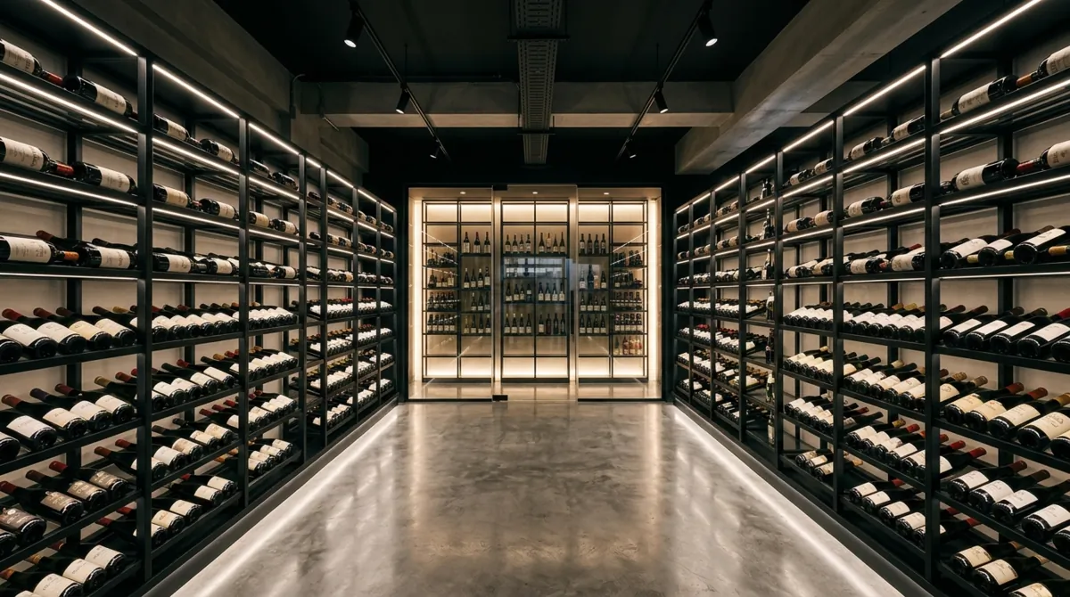 Modern wine cellar with black metal racks, illuminated shelves, polished concrete floor, and ambient LED lighting.