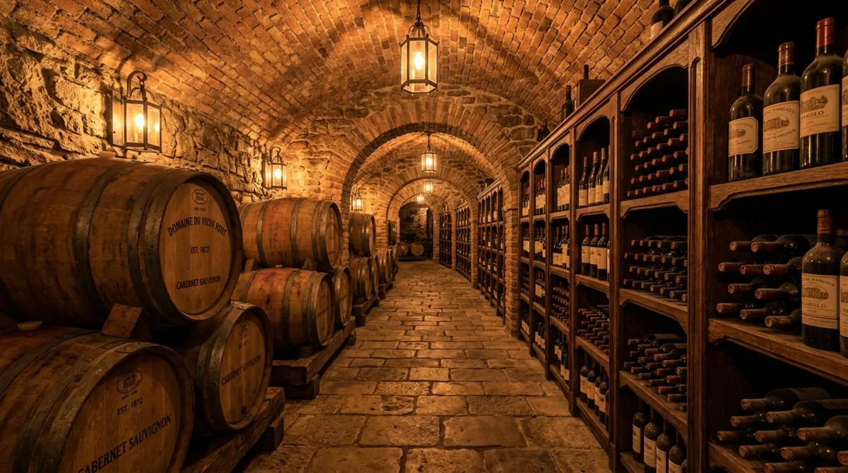 Rustic luxury wine cellar with arched brick ceiling, oak barrels, wood racks, stone floor, and amber lighting.