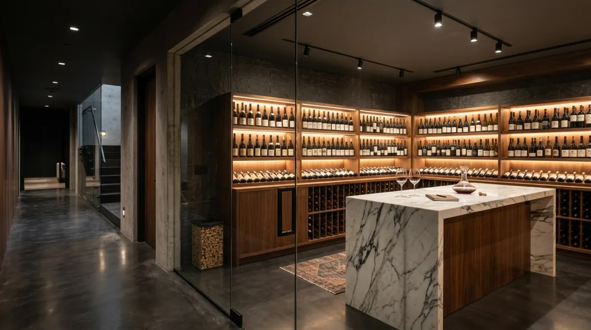 Contemporary basement wine room with walnut shelving, backlit bottles, marble tasting counter, and glass partitions.