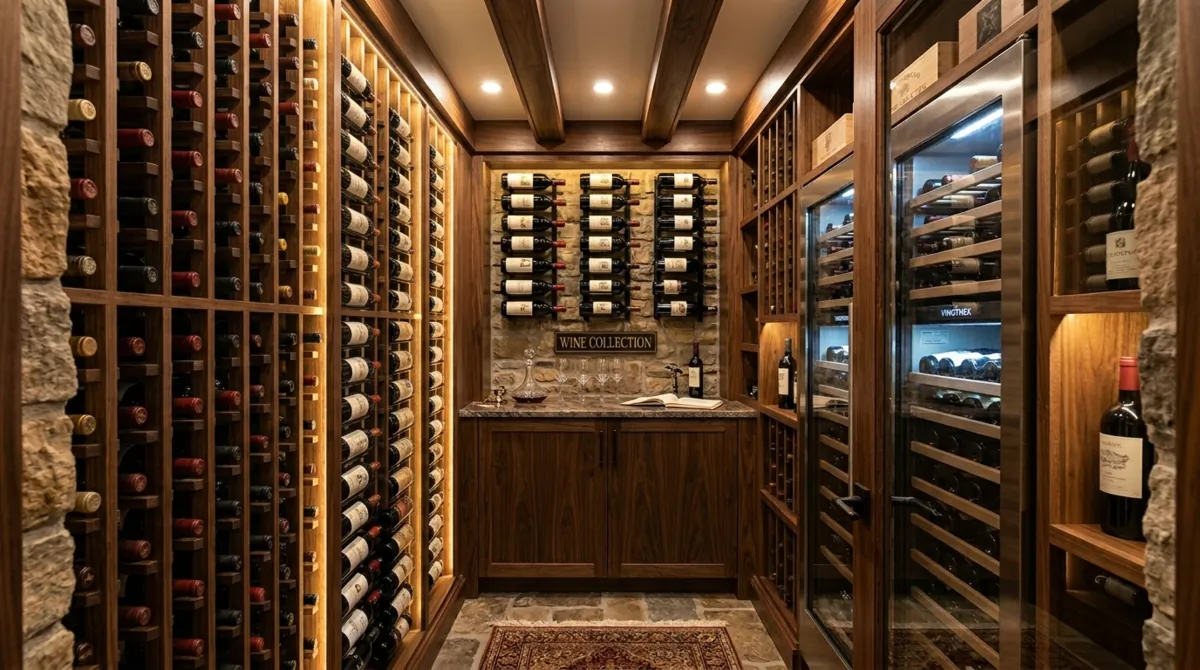 Small wine cellar with vertical bottle storage, wine fridge, warm wood tones, and efficient basement layout.