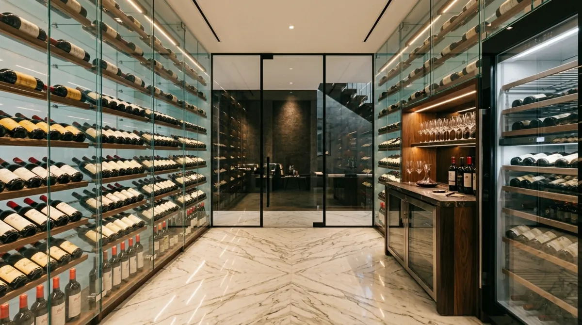 Luxury glass wine cellar with transparent walls, symmetrical racks, spotlight bottle lighting, marble floor, and tasting bar.