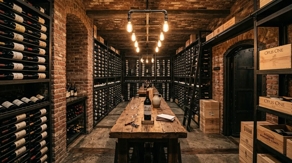 Industrial wine cellar with exposed brick, steel racks, reclaimed wood tasting table, and Edison bulb lighting.