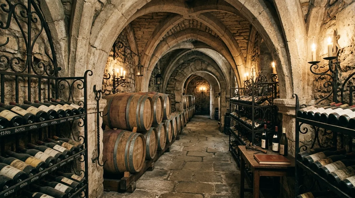 Classic European-style wine cellar with stone archways, wrought iron racks, barrel section, and candle-like lighting.