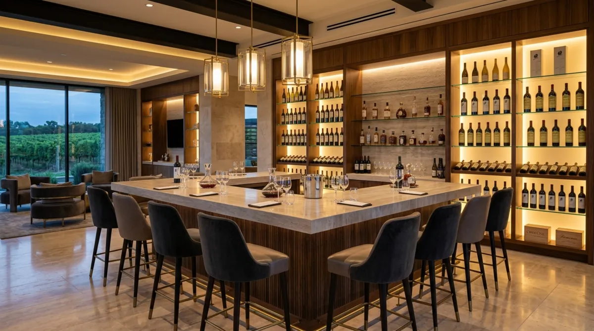 Modern luxury tasting room with central island bar, backlit shelving, plush stools, stone finishes, and golden lighting.