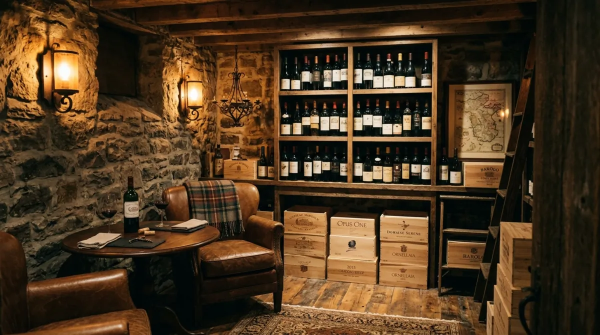Cozy basement wine nook with compact shelving, wooden crates, small tasting table, and warm wall sconces.