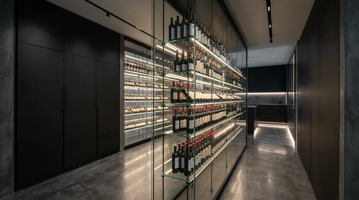 High-end minimalist wine cellar with monochrome palette, floating glass shelves, hidden storage, and LED strip lighting.