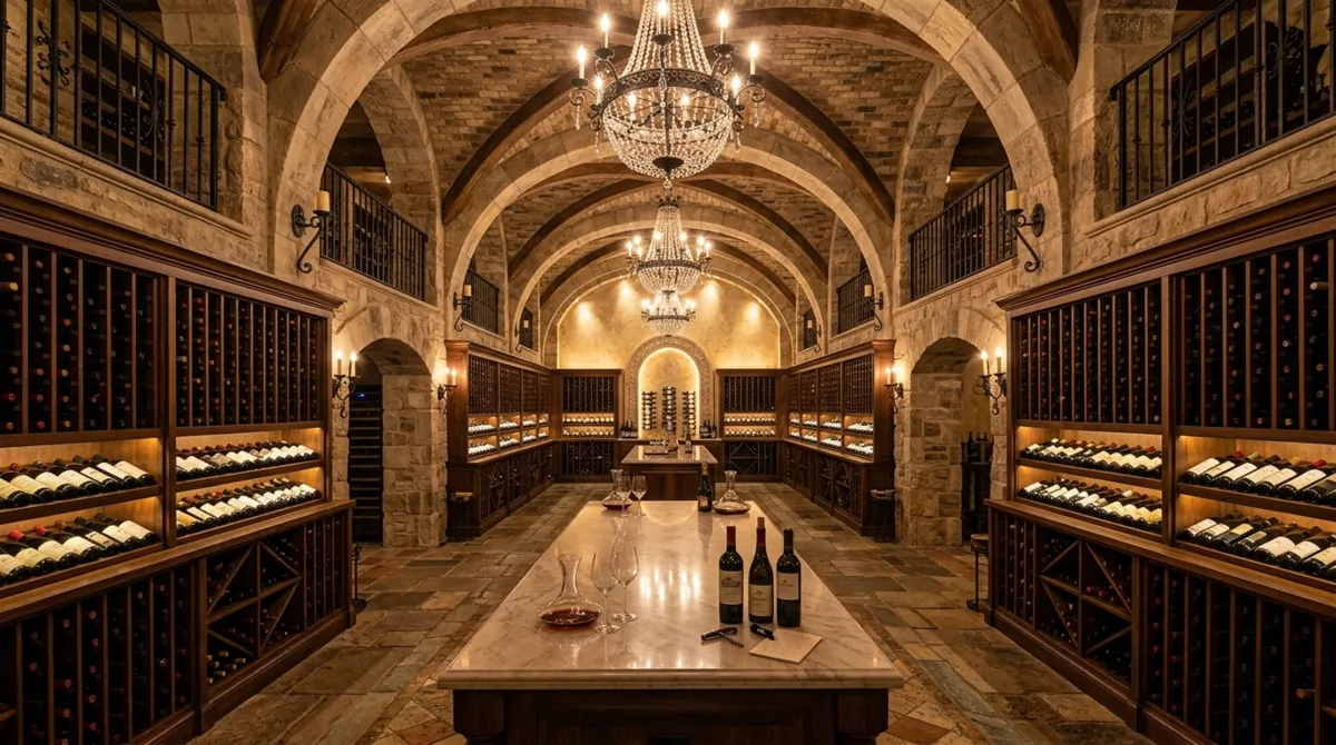 Grand wine cellar with vaulted ceiling, dual-level racks, marble tasting counter, chandelier, and symmetrical elegance.