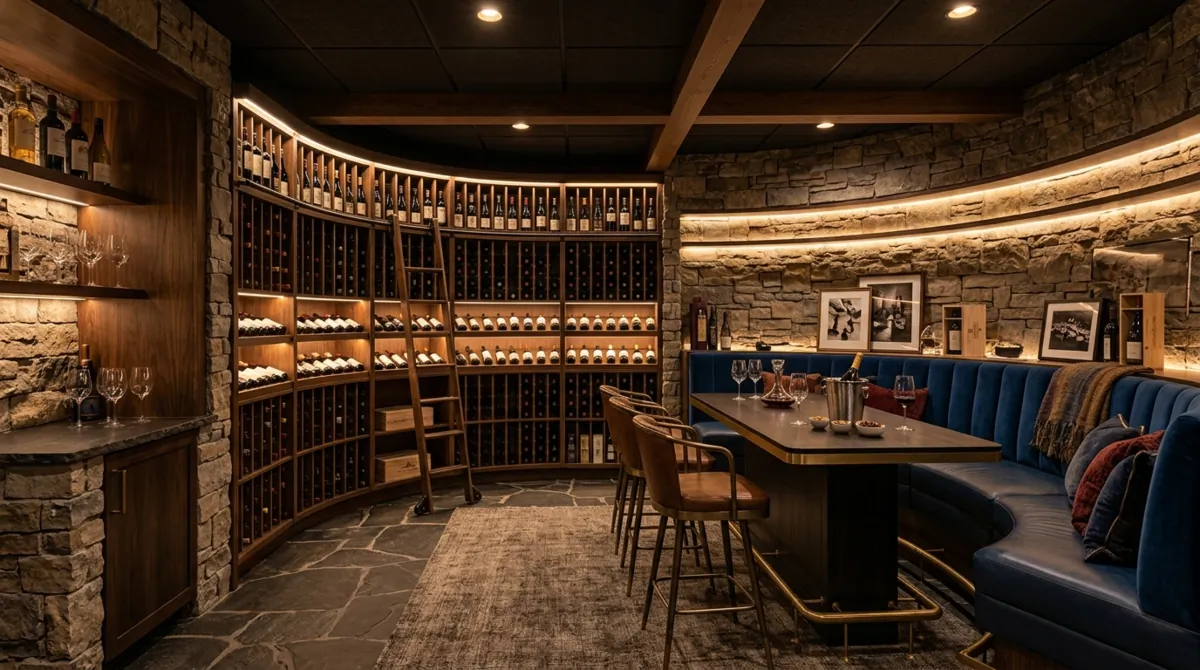 Contemporary basement wine lounge with curved racks, seating area, stone textures, and ambient wall lighting.