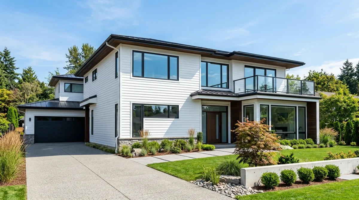 Modern house exterior with clean white vinyl siding and black window trim.