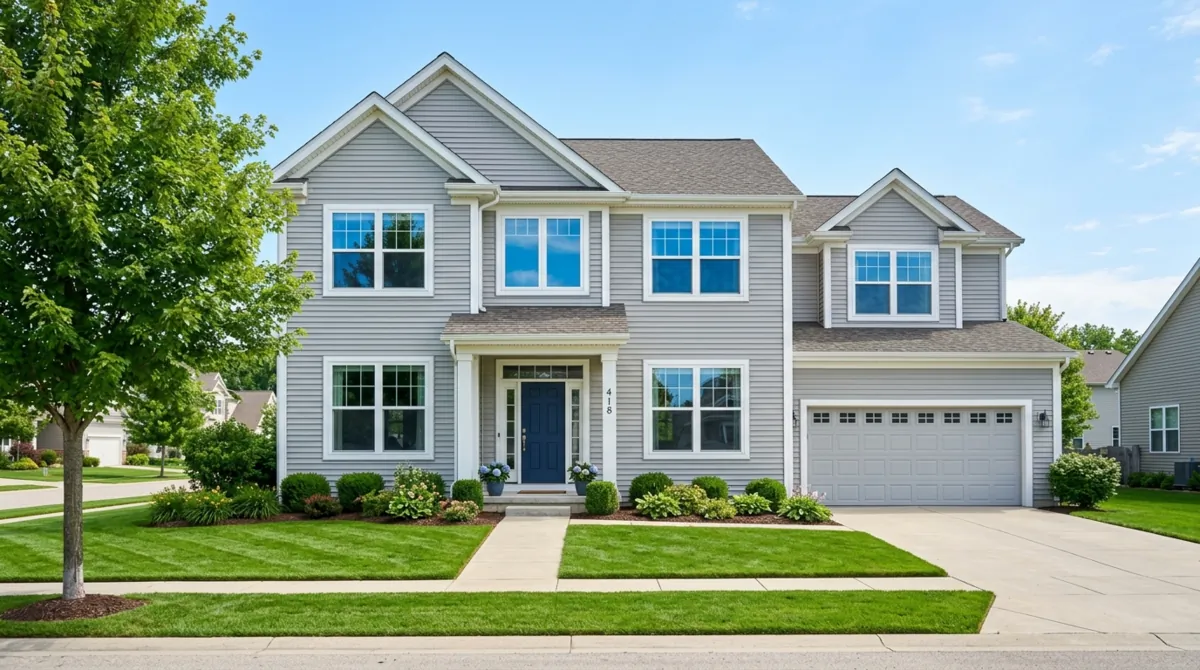 Suburban home with light gray vinyl siding and green lawn.
