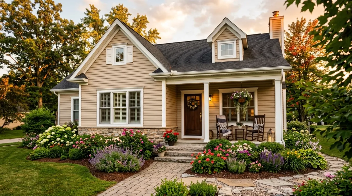 Cottage-style home with beige vinyl siding and flower beds.
