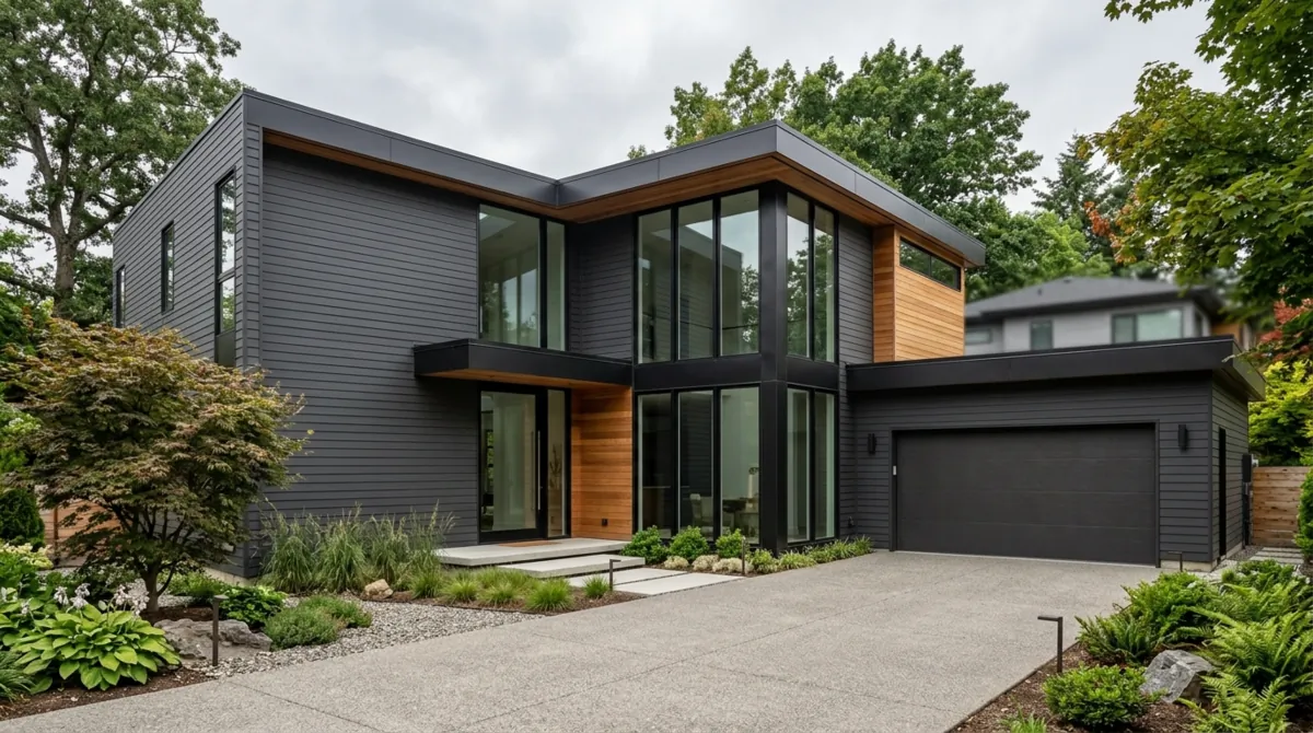 Contemporary home exterior with dark charcoal vinyl siding.