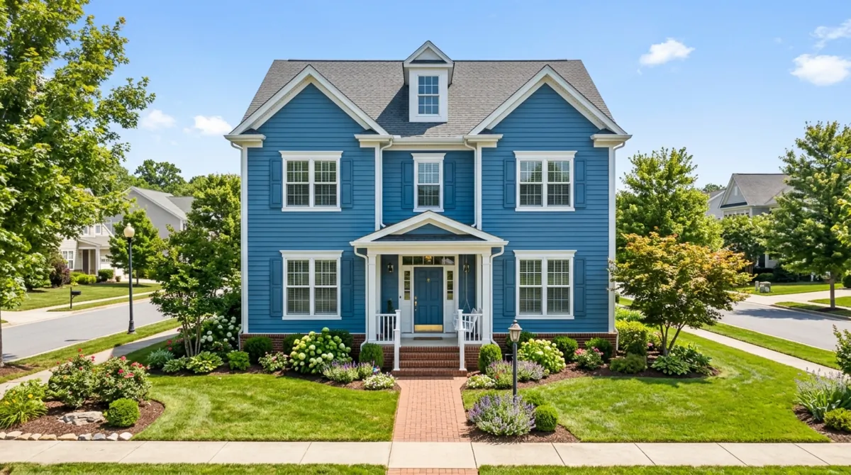 Traditional home with blue vinyl siding and white trim.