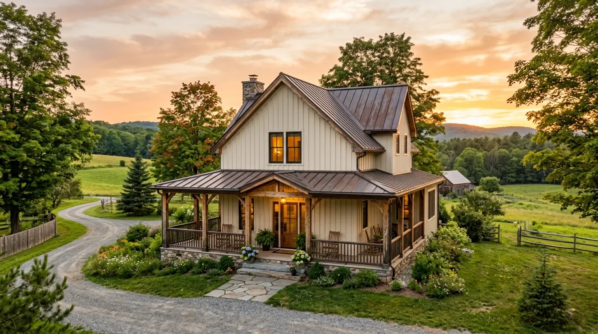 Farmhouse exterior with cream vertical vinyl siding and rustic wood accents.