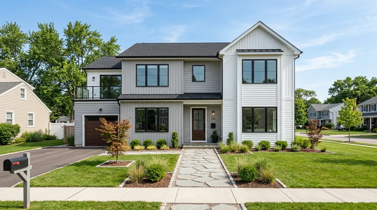 Two-story modern home with mixed white and light gray vinyl siding.