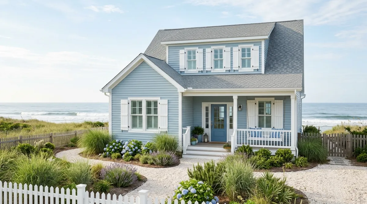 Coastal home with pale blue vinyl siding and white shutters.