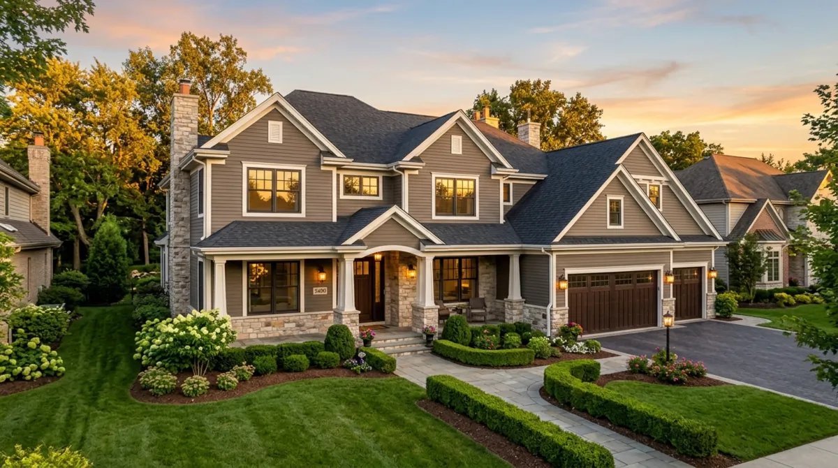 Luxury suburban home with deep taupe vinyl siding and manicured hedges.