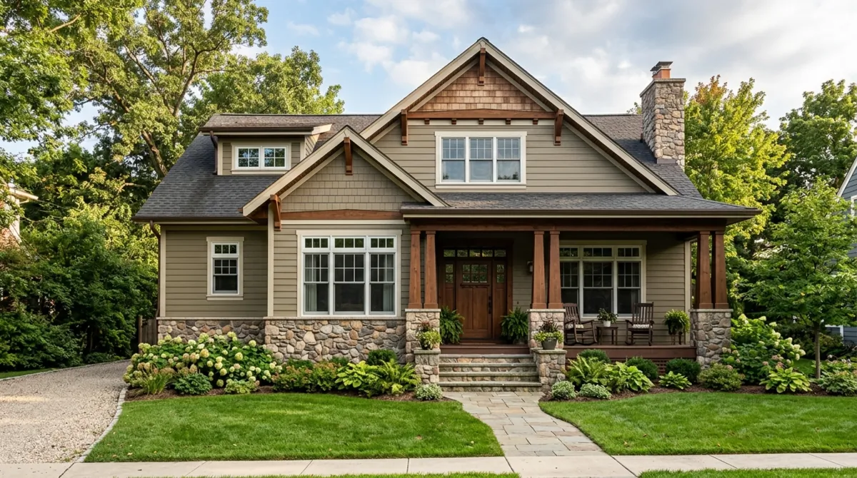 Craftsman-style home with earth-tone vinyl siding and stone base.