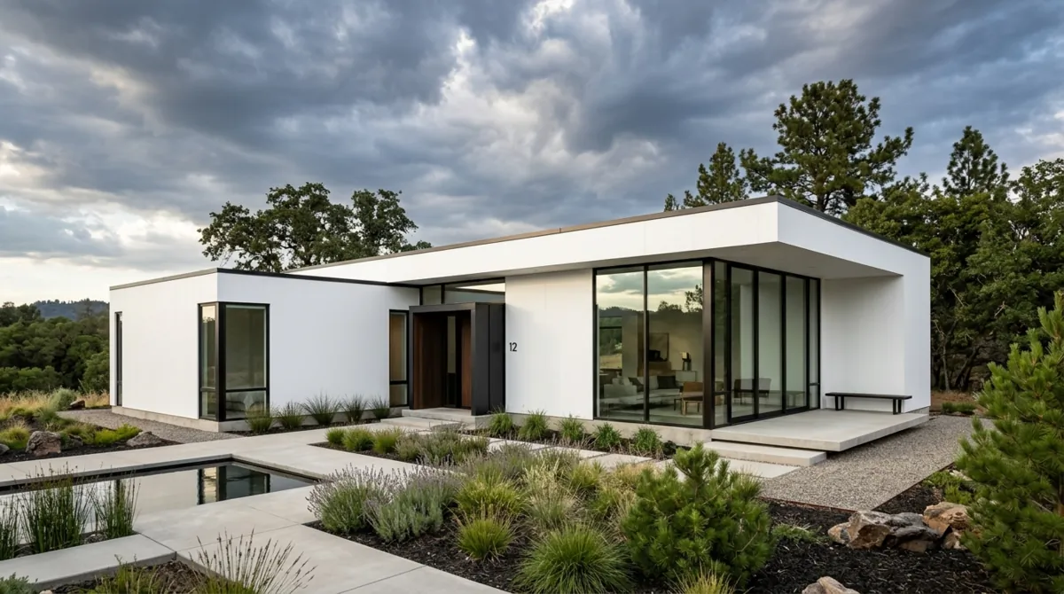 Minimalist home with pure white vinyl siding, flat roof, and glass panels.