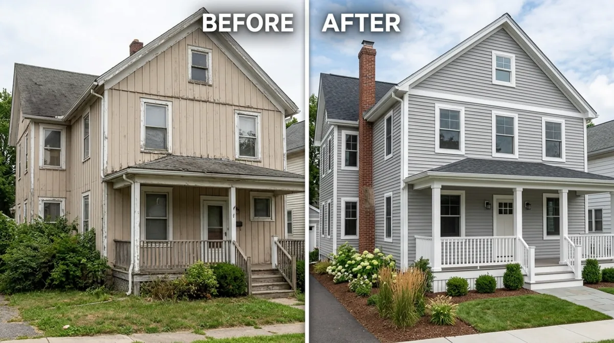 Renovated home facade showing upgraded vinyl siding installation.
