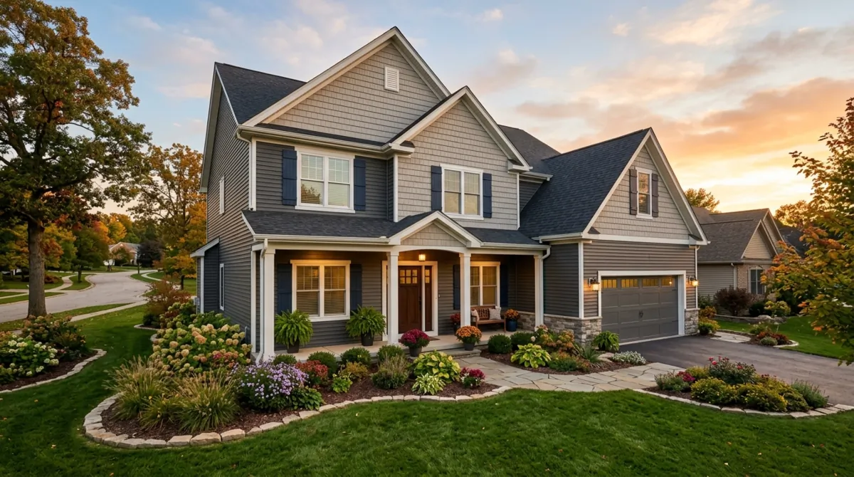 Residential exterior with mixed vinyl siding textures, shutters, and seasonal garden.
