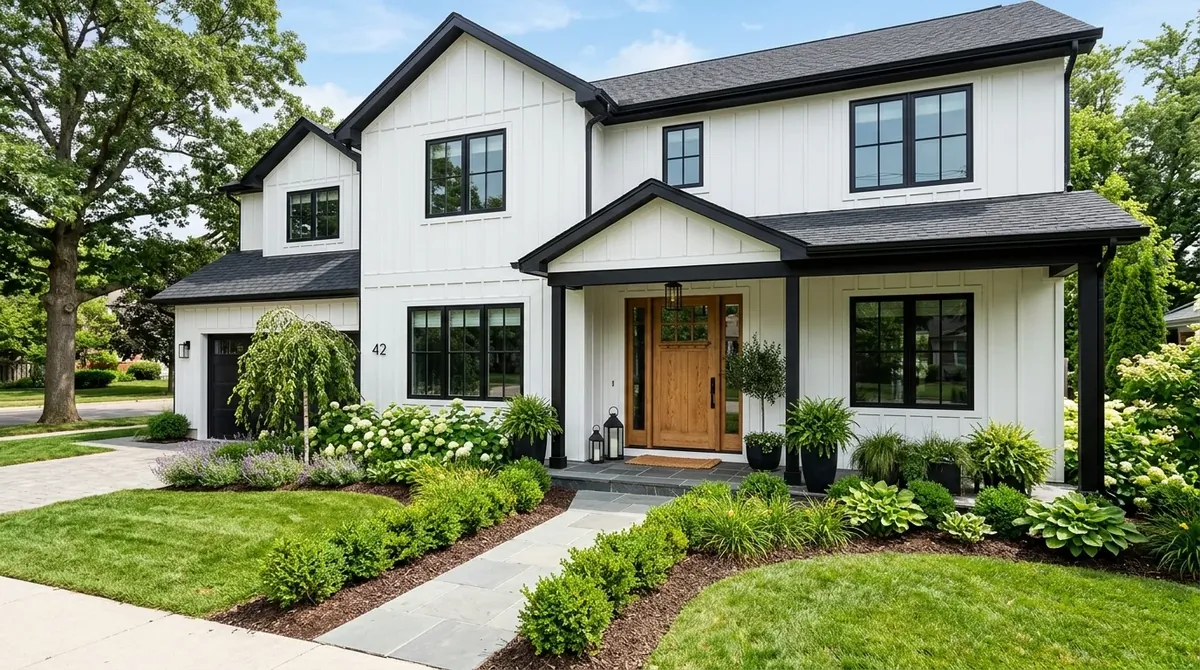 House exterior showing a timeless white and black color scheme with warm wood accents and crisp landscaping.