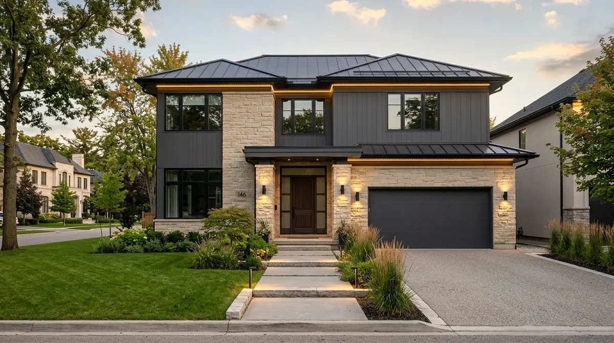 Greige exterior with white trim, stone path, and subtle modern landscaping.