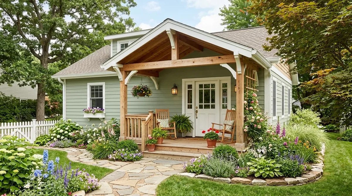 Sage green exterior with cream trim and charming front garden entry.