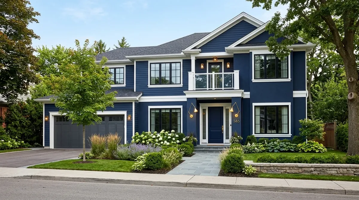 Navy house exterior with bright white trim and polished front porch details.