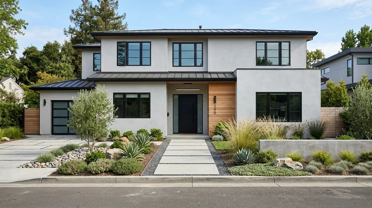 Beige exterior with brown roof, wood door, and understated desert-friendly landscaping.
