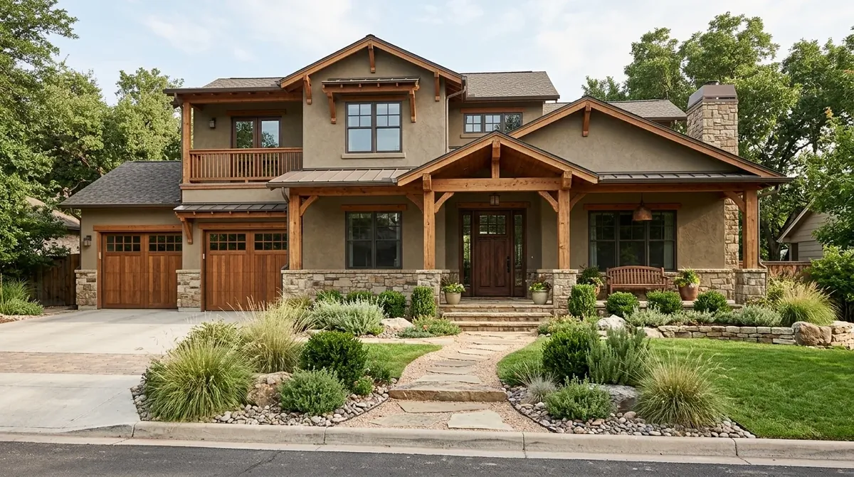 Modern exterior in charcoal with cedar accents and minimalist pathway lighting.