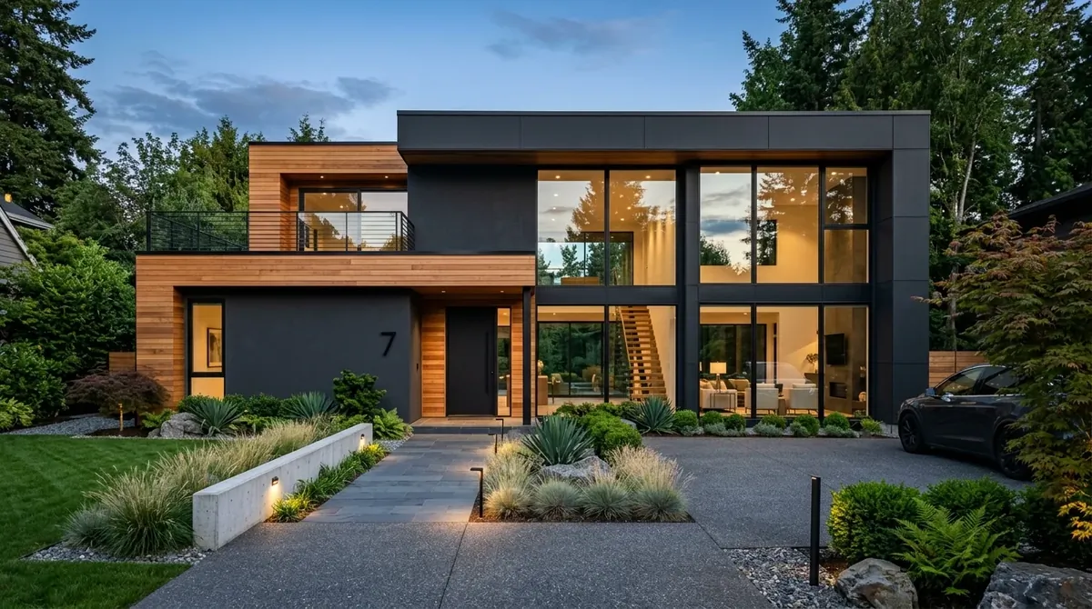 Olive green exterior with black windows, gravel drive, and refined garden planting.
