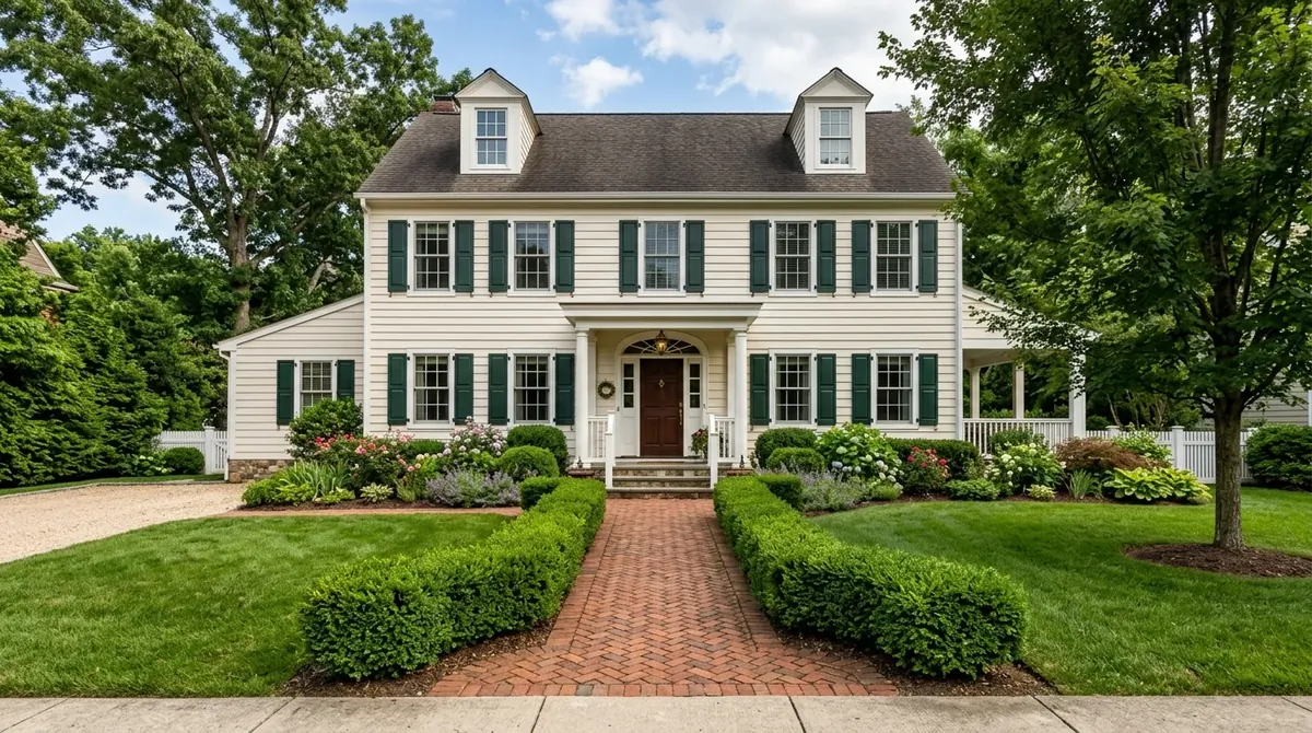 Blue-gray house exterior with white trim, shutters, and traditional front porch charm.
